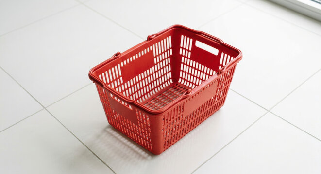 Labor Shortage Impact concepts. Red plastic empty shopping basket with handle on white tile floor