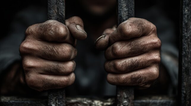 Dramatic hands gripping prison bars, dark captivity concept. Criminal justice and incarceration photo for editorial use