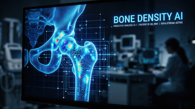 Bone density ai personalized medicine predicts hip joint health in digital medical scan with glowing blue analysis