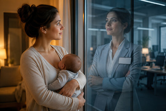 A woman with an infant in her arms imagines herself as a businesswoman in an office, carrying out professional duties.