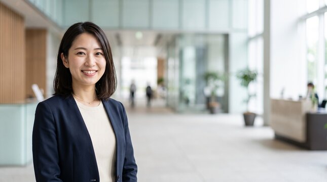 プロフィール写真をイメージした、モダンな企業のエントランスに立ち穏やかな笑顔をカメラに向けている20代日本人女性社員のバストアップポートレート