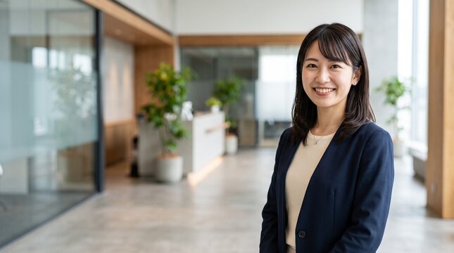 プロフィール写真をイメージした、モダンな企業のエントランスに立ち穏やかな笑顔をカメラに向けている20代日本人女性社員のバストアップポートレート
