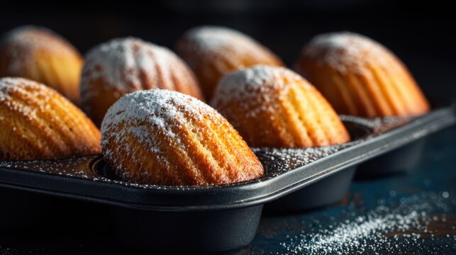 Fresh baked madeleines on dark tray, golden shell-shaped French sponge cakes, moody close-up dessert food background