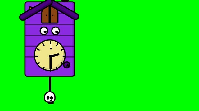 Purple Cuckoo Clock with Skull Pendulum and Pop Out Bird on Green Background