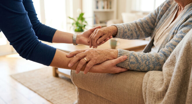 Aging elder care support family home senior patient compassion nurse handholding