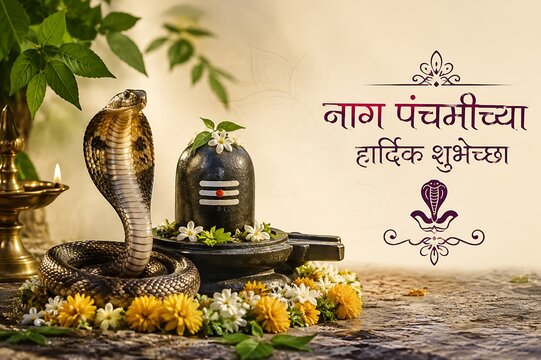 Sacred Nag Panchami festival background with Lord Shiva, Shiva Lingam, divine cobra symbolism, Hindu religious traditions, spiritual blessings, elegant copy space composition