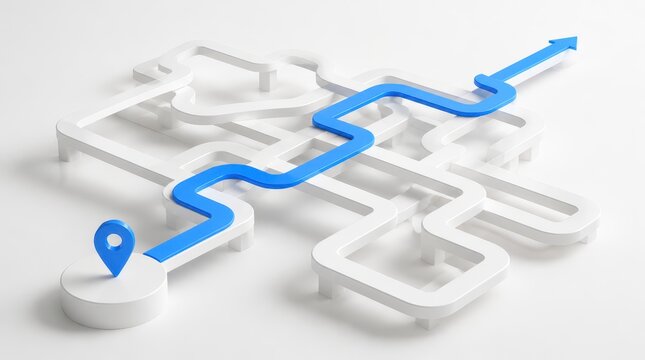 Strategic navigation glowing path concepts. 3D white maze with an angular blue arrow and location marker path concept