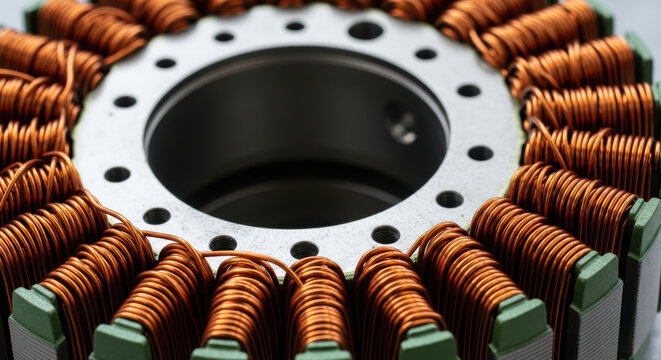 Electric vehicle manufacturing copper coil motor winding machinery technology industry close up metal circular component engineering power energy