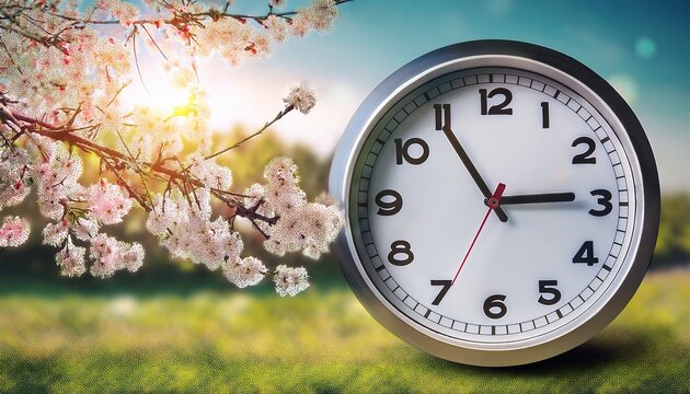 spring forward time change concept with modern clock and blooming tree branches clock turn forward one hour in spring