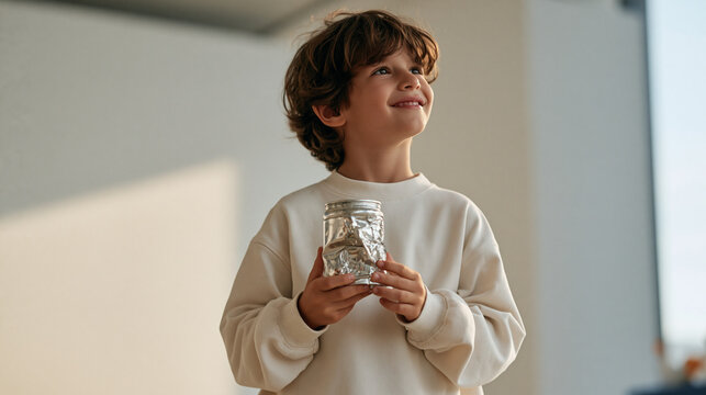 A child stands in a minimalist sorting studio holding a single crushed aluminum container, looking at it with curiosity against a clean background, the child perspective reframing