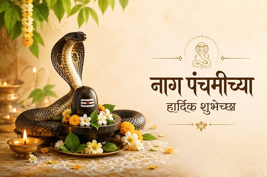 Sacred Nag Panchami festival background with Lord Shiva, Shiva Lingam, divine cobra symbolism, Hindu religious traditions, spiritual blessings, elegant copy space composition