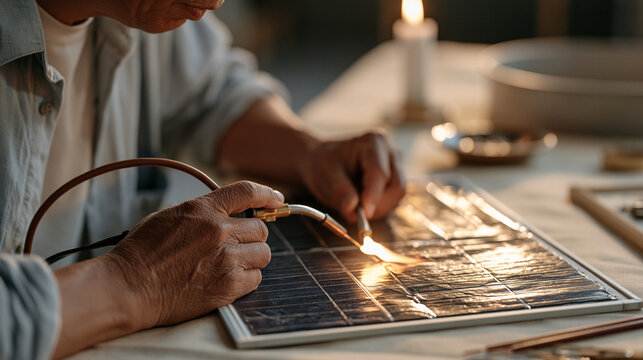 Solar roofing tiles cover a pitched cottage roof while close up hands hold soldering tools repairing a cracked panel by candlelight inside, circular economy repair ethos visible