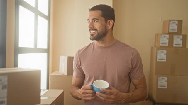 Man holding a blue mug and smiling, standing among stacked shipping boxes and parcels while packing in a building; contentment entrepreneurship.