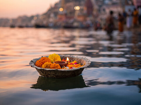Floating flower leaf boat with burning diya lamp on sacred river