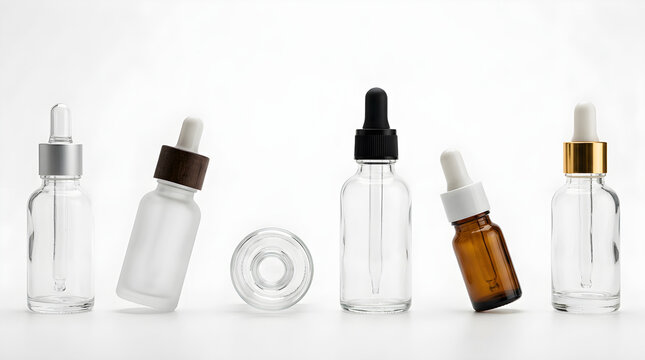 Collection of Various Empty Cosmetic Dropper Bottles for Essential Oils and Skincare Serums on White Background