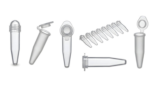 Collection of clear plastic microcentrifuge tubes with caps, shown from multiple angles, demonstrating their design and application in laboratory settings for sample storage and handling