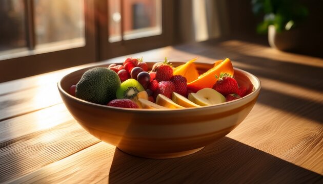 a bowl of fresh vibrant food sits on a wooden surface bathed in warm morning sunlight creating a healthy and inviting atmosphere