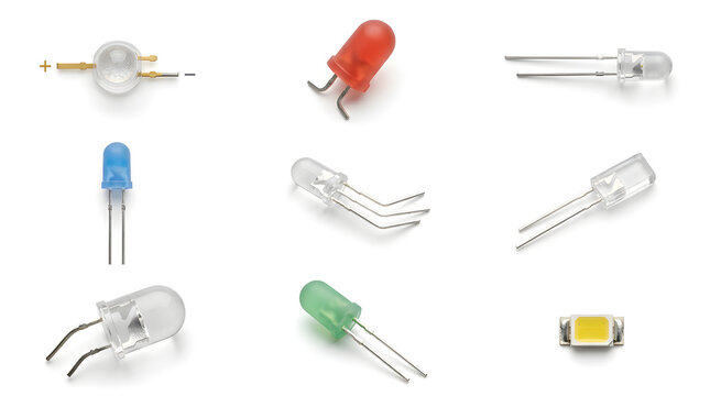 Assorted Colorful Light Emitting Diodes LEDs for Electronics and DIY Circuit Projects on White Background