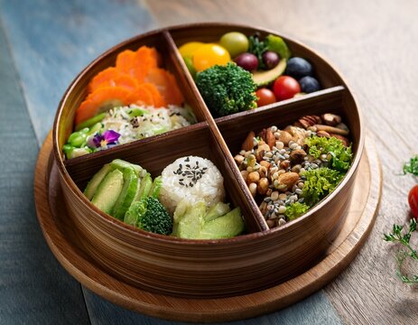 a decorative vegan bento box is artfully presented on a rustic wooden tray showcasing a healthy and colorful meal