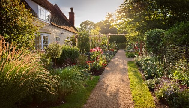 charming cottage garden path in morning sunlight