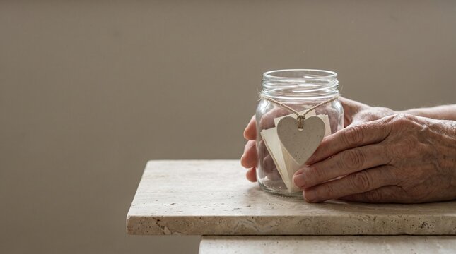 Senior hands gently holding a glass memory jar with a wooden heart tag