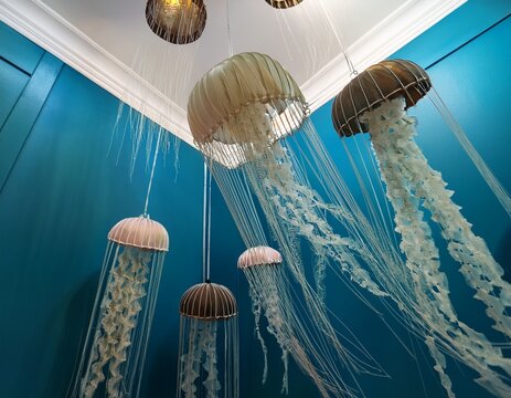 decorative jellyfish mobiles hanging in a sea themed room