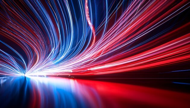 dynamic abstract red white blue light trails illuminating dark reflective surface with vibrant energy