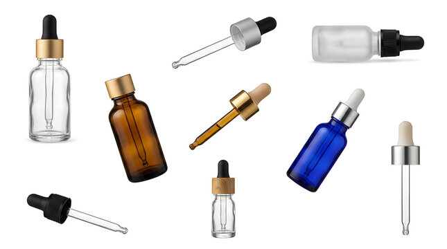 Realistic glass dropper bottle set with essential oil pipettes and serum packaging mockups in amber blue and clear glass