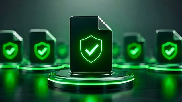 3D render of secure digital documents with glowing green checkmarks and shields representing verified files and data protection.