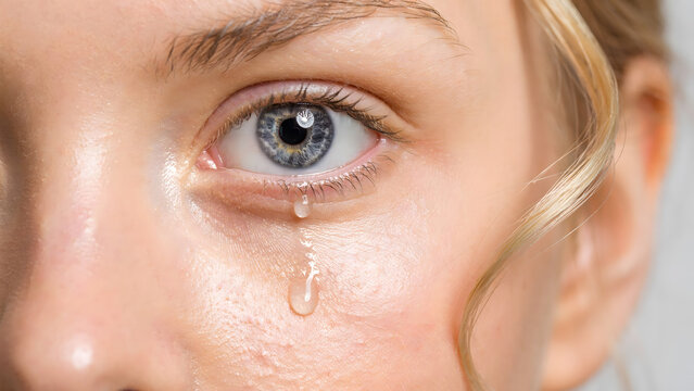 Detailed portrait of a young woman with blue eyes and blonde hair crying with a single tear drop visible on her cheek in soft lighting
