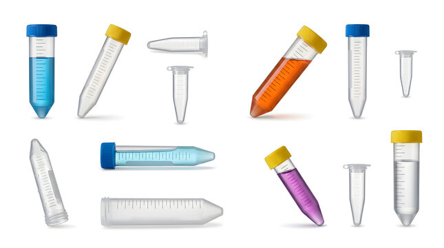 Set of laboratory plastic tubes and microcentrifuge vials with colorful caps and liquids isolated on white background