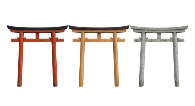 Traditional Japanese torii gates in red wooden and stone