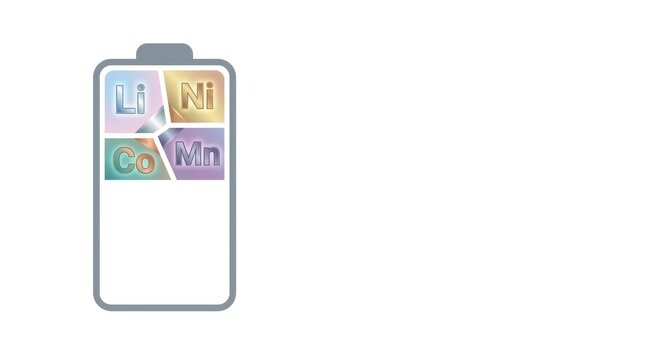 Battery icon with colorful labeled chemical elements lithium nickel cobalt manganese on white background concept of electric power source and energy storage