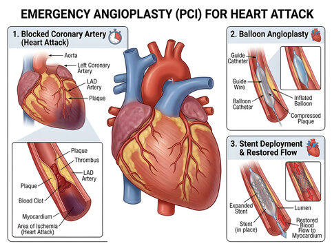 Emergency angioplasty procedure for heart attack treatment isolated on white background
