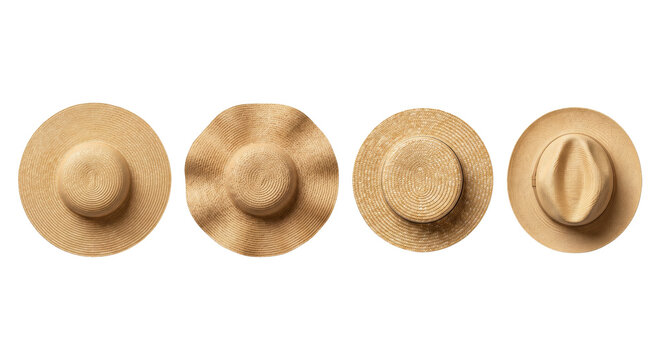 Top view collection of woven straw summer hats