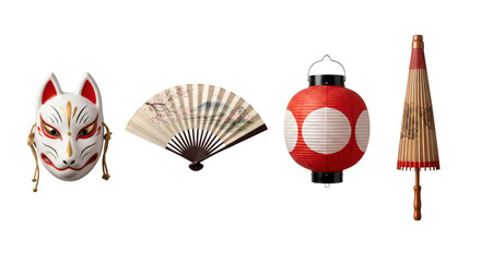 Traditional Japanese cultural items set with fox mask fan lantern umbrella © PNG Lab