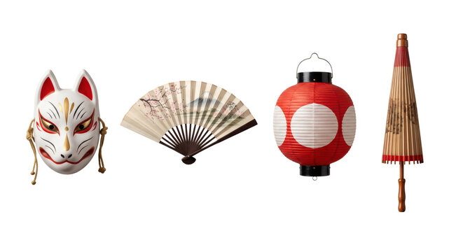 Traditional Japanese cultural items set with fox mask fan lantern umbrella