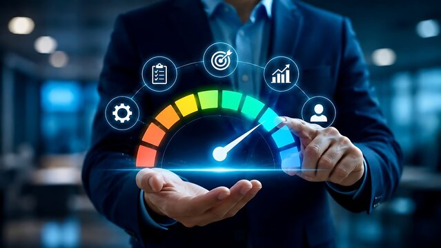 Businessman displaying performance gauge hologram for business optimization KPI and speed measurement concept