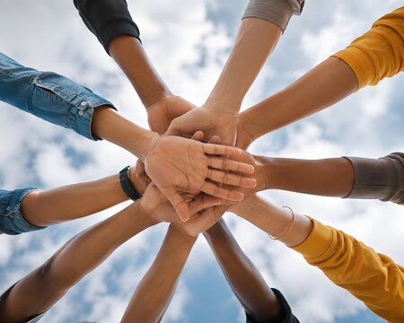 Team Hands Stacked Unity, Group Huddle From Below, Collaborative Hands Together, Diversity Teamwork Stack, Sky Background Hand Pile.