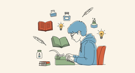 Fototapeta premium Focused writer using a typewriter surrounded by books and light bulbs for creative inspiration work