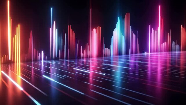 Colorful digital audio waveform with bright spectrum peaks and reflections showing sound engineering music technology equalizer frequency analysis podcast studio entertainment background stock concept