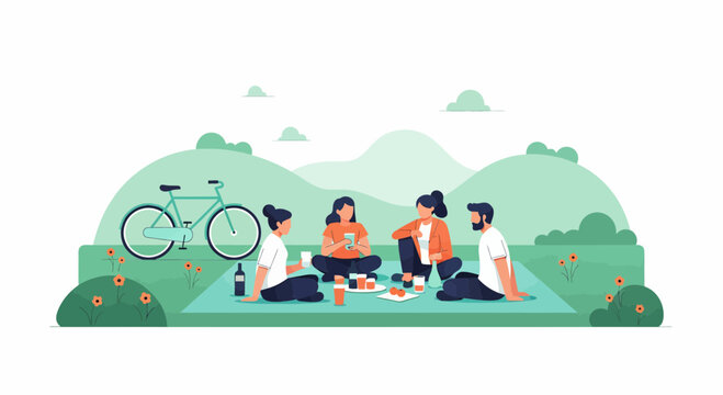 Four friends sit on grass and eat food at a picnic with a bike nearby