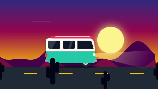 Flat vector illustration of a vintage camper van driving through the desert at sunset.