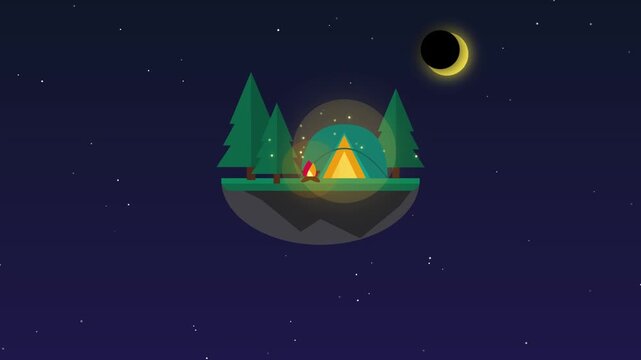 Minimalist vector illustration of a camping tent in a forest under a night sky with an eclipse.