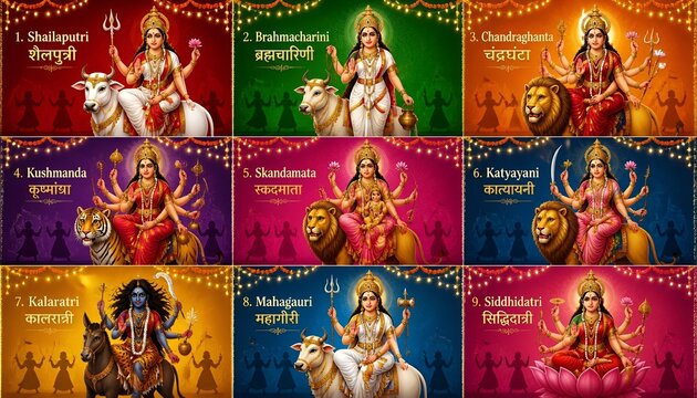 Navratri 9 days 9 goddess garba vector