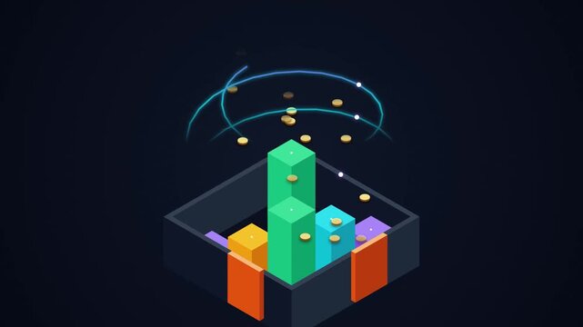 Abstract 3D isometric bar chart with floating gold coins and glowing light rings.