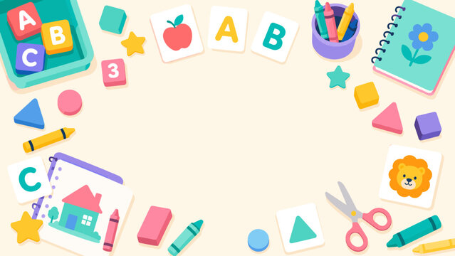 Bright toy scene invites young learners. Colors pop with blocks, crayons, and scissors. Shapes, letters, and numbers teach basics. Simple background keeps focus on play
