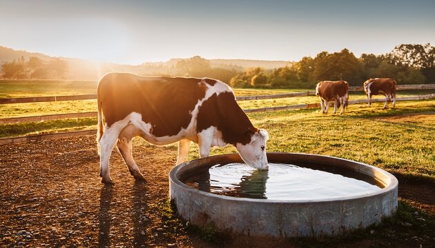 healthy cow drinking water from farm trough healthy livestock sustainable farming concept