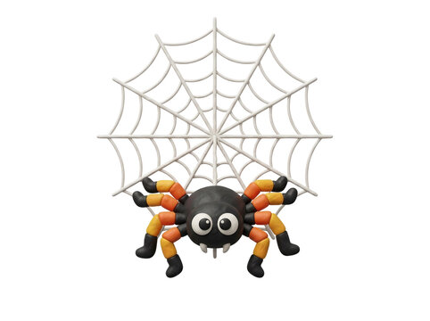 Cute clay spider sitting on a white cobweb