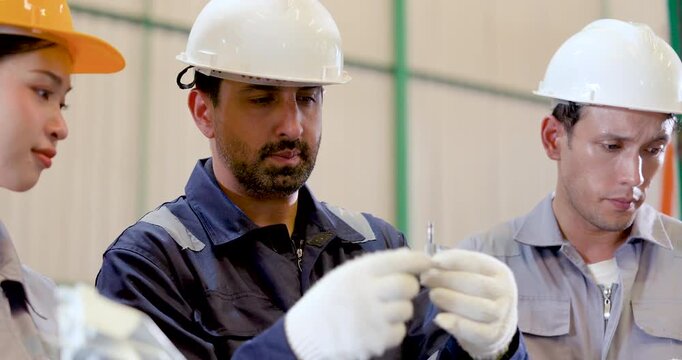 Adult Asian technician and engineer review molded component together, checking shape, finish, production requirement, maintenance concern, safety rule, quality target in industrial factory plant.